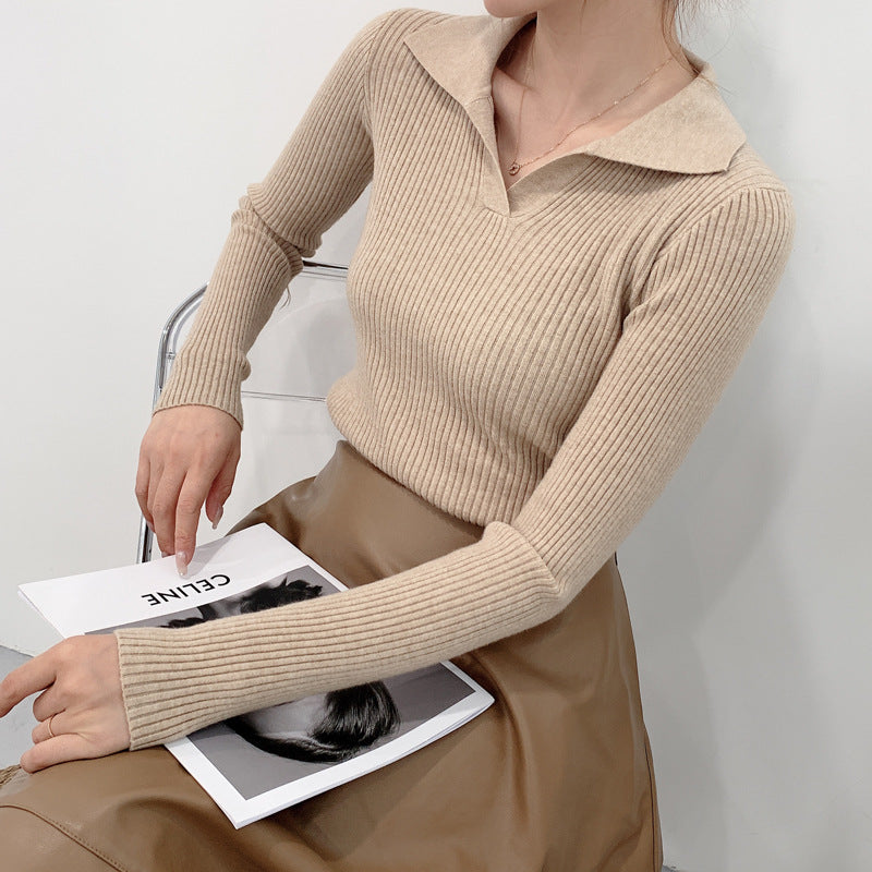 Women's Casual Knitted Lapel Sweater for Autumn/Winter