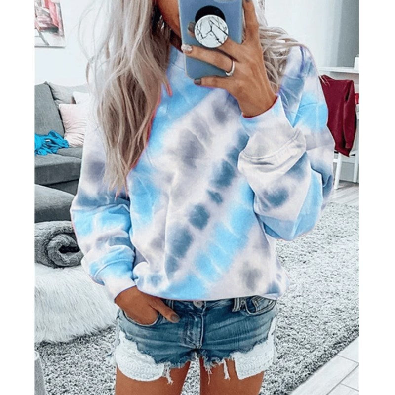 Tie-Dye Printing Long-Sleeved Top with Loose Round Neck