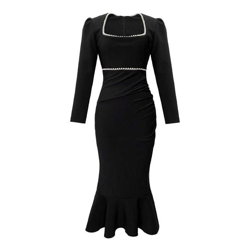 Square-neck Cinched Fishtail Long Sleeve Dress
