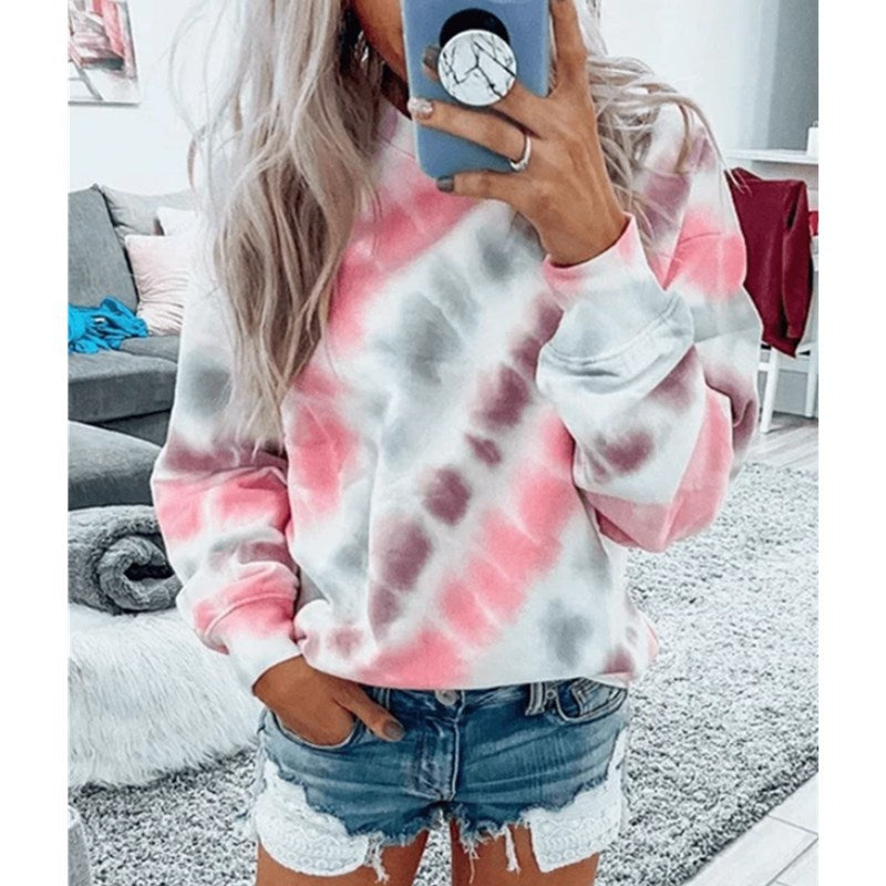 Tie-Dye Printing Long-Sleeved Top with Loose Round Neck
