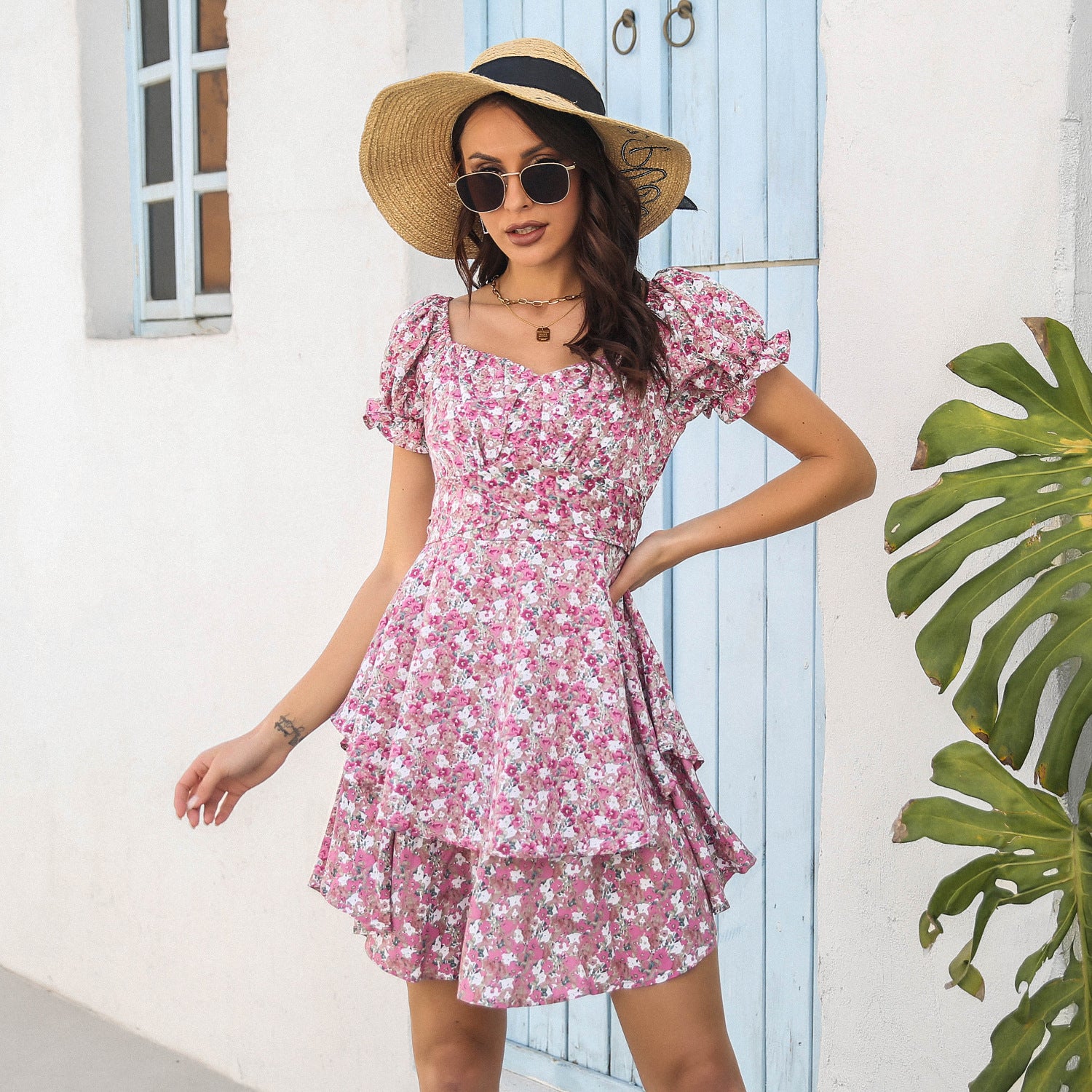 Floral Dress with Puff Sleeves for Women