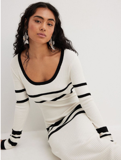 Slim-Fit Striped Woolen Knitted Dress