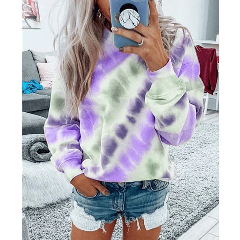 Tie-Dye Printing Long-Sleeved Top with Loose Round Neck