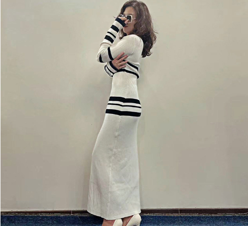 Slim-Fit Striped Woolen Knitted Dress