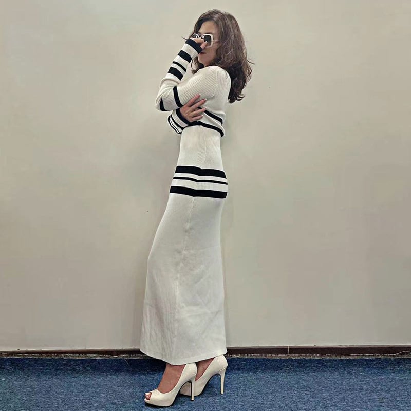 Slim-Fit Striped Woolen Knitted Dress