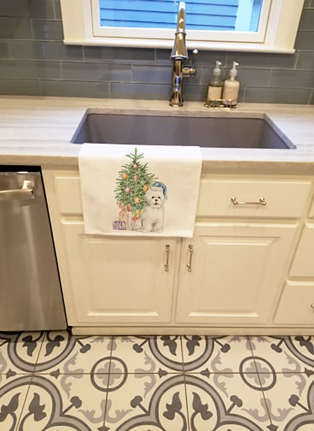 Bichon Frise Blue Hat Christmas Presents and Tree Kitchen Towel Set of 2