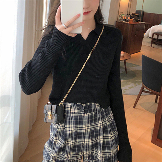 Women's Casual Knitted Lapel Sweater for Autumn/Winter