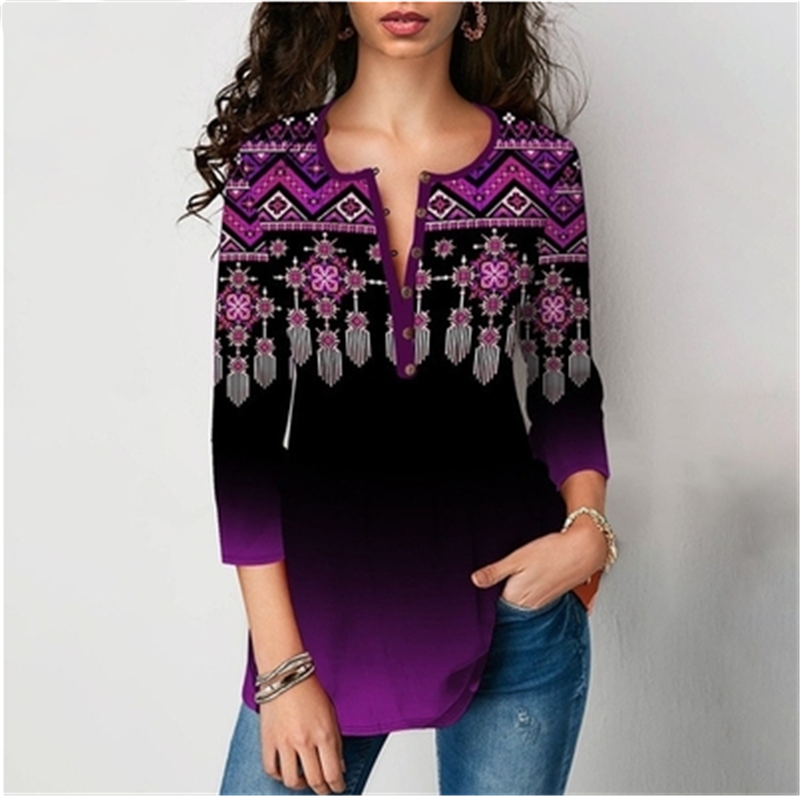 Seven-Point Sleeve Printed Blouses