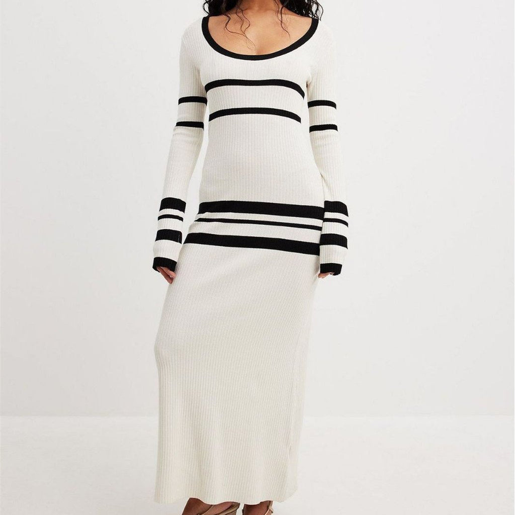 Slim-Fit Striped Woolen Knitted Dress