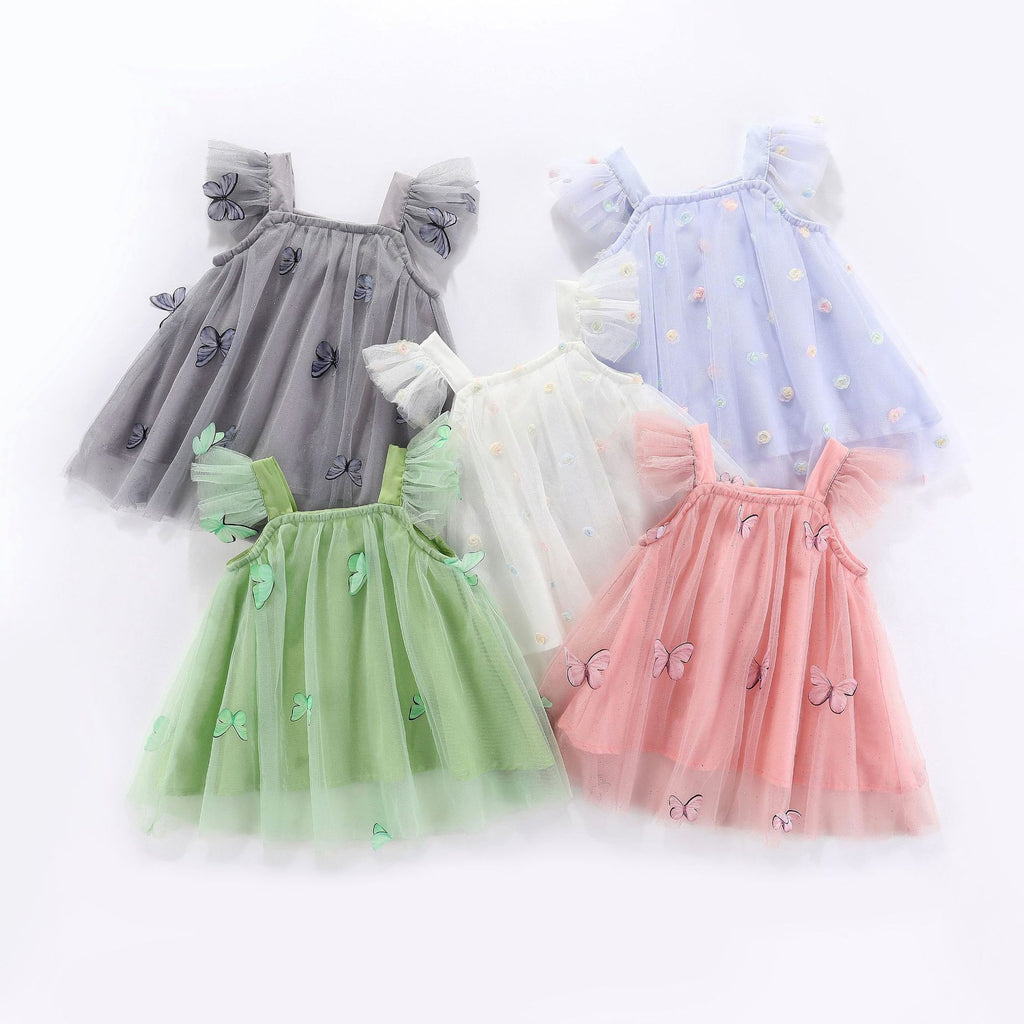 Flounced Sleeve Mesh Sling Dress for Kids