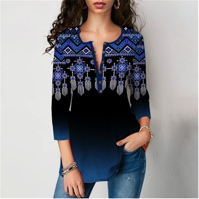 Seven-Point Sleeve Printed Blouses