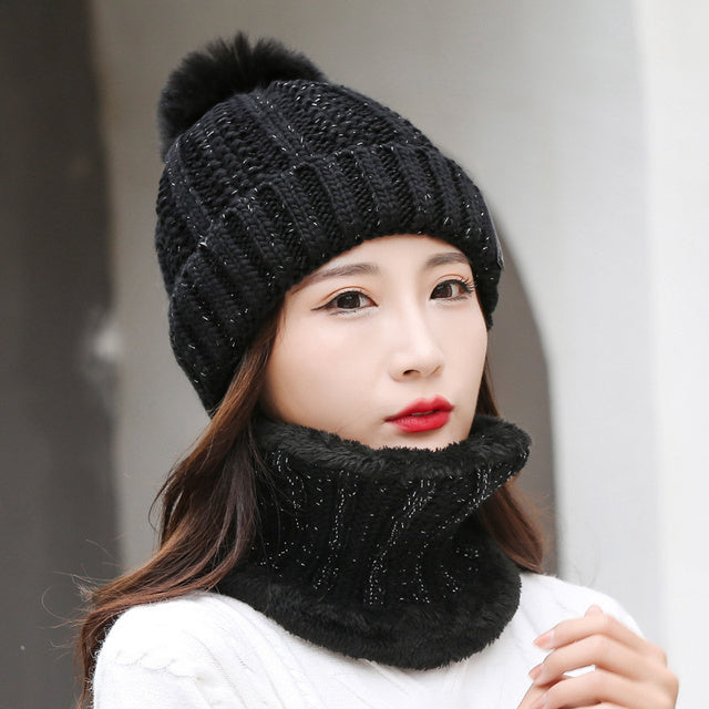 Women's Thick Knitted Winter Cap and Scarf Set