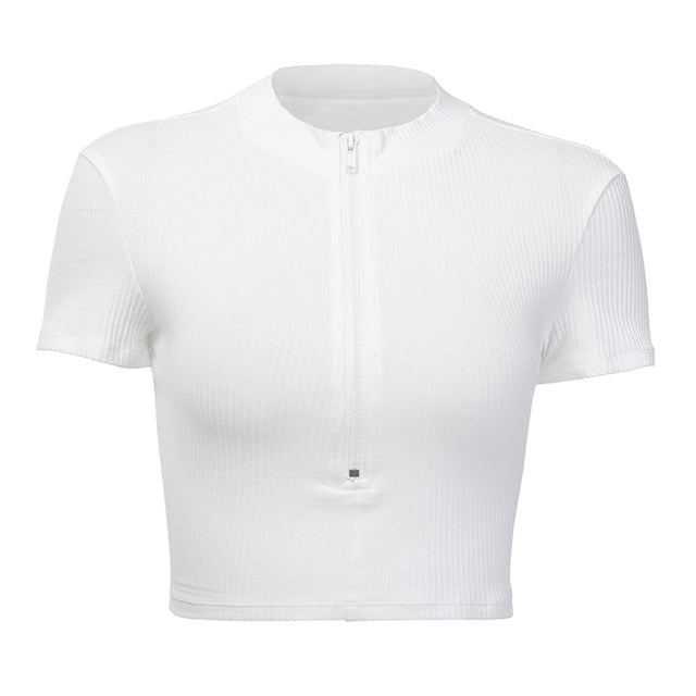 Women's Slim High Collar Zipper Short Sleeve T-Shirt