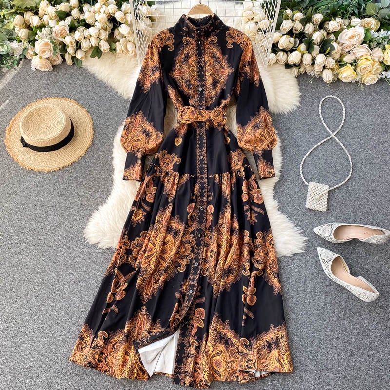 Vintage Blue and White Porcelain Print Long Dress
