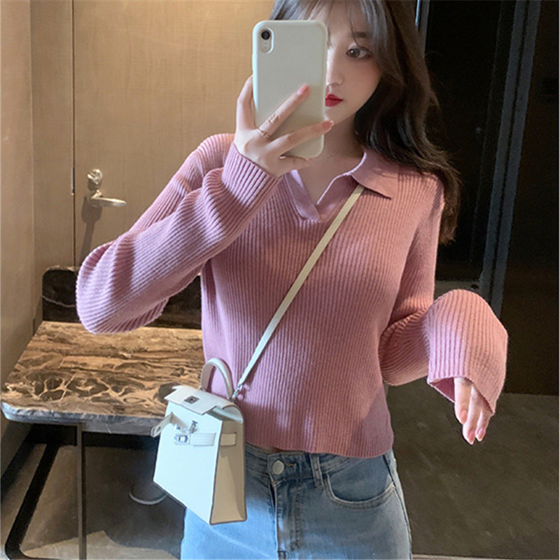 Women's Casual Knitted Lapel Sweater for Autumn/Winter
