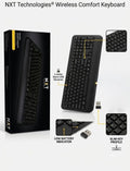 NXT Technologies Wireless Comfort Keyboard with 2.4GHz nano USB receiver, slim key profile, and low battery indicator callouts
