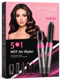 KEZI 5-in-1 Hot Air Styler TP-5+1 box showing all 5 attachments: dry, curly, straight, shape, fluffy