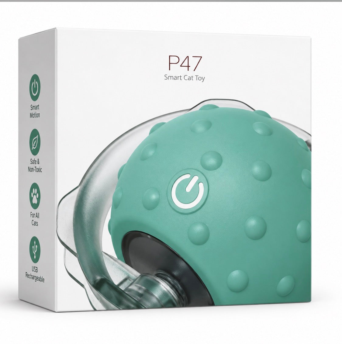 P47 Smart Cat Toy box - teal self-moving ball with smart motion, safe non-toxic, USB rechargeable