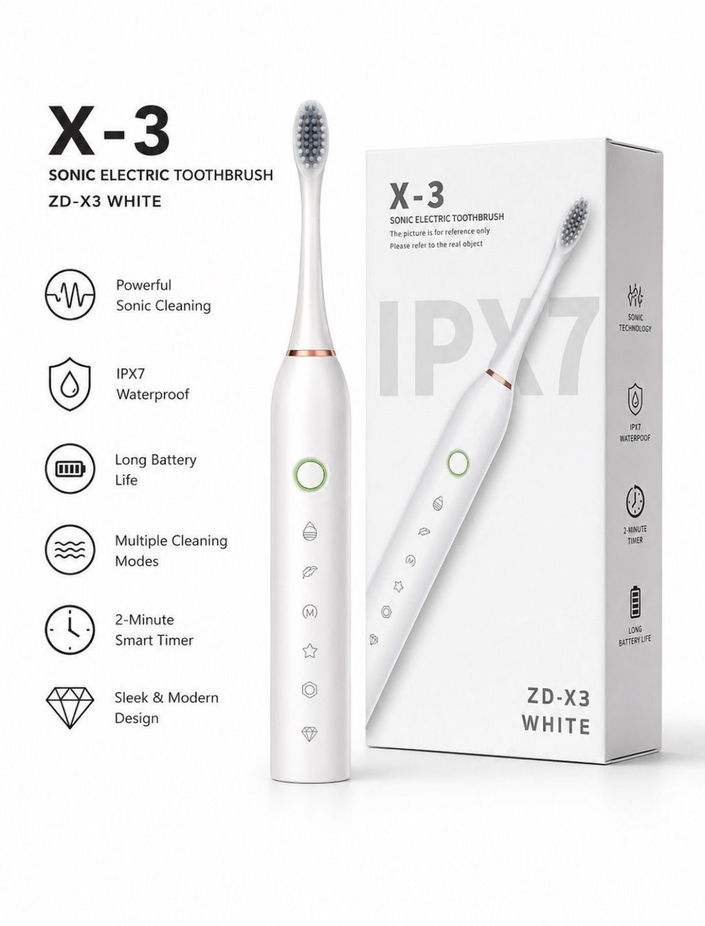 ZD-X3 Sonic Electric Toothbrush White - Features and Product Shot