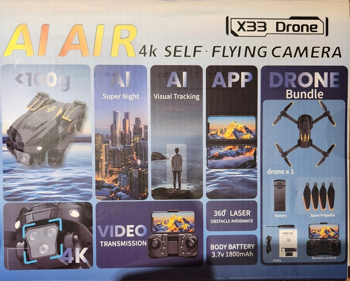 AI AIR X33 Drone - Features: 4K, AI Visual Tracking, Night Mode, Bundle Contents
