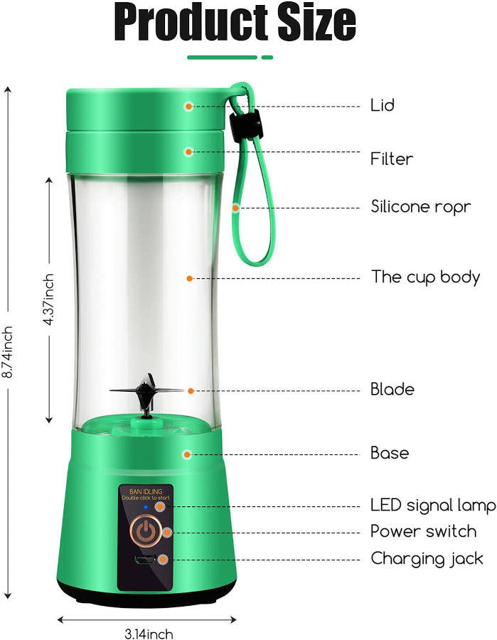 HM-03 Portable Blender - Product size diagram 8.74 x 3.14 inches with parts labeled