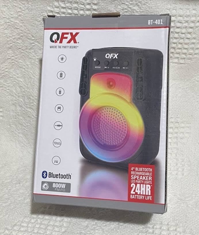 QFX BT-401 4 inch Bluetooth Speaker front box - LED party lights, 800W, 24HR battery