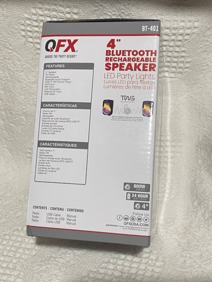 QFX BT-401 back of box - full feature list, contents, and specifications