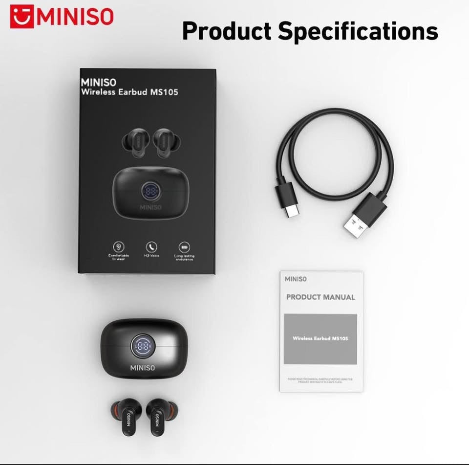 MINISO MS105 Wireless Earbud MS105 product specifications - box, earbuds, USB-C cable, and manual