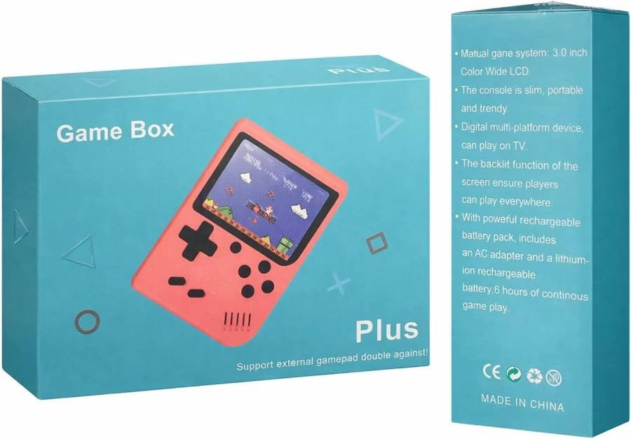 Game Box Plus front and side box showing specs: 3.0 inch LCD, TV out, 6-hour battery, rechargeable