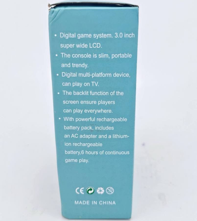 Game Box Plus box side panel with full feature list: LCD, portable, TV out, backlit, rechargeable battery