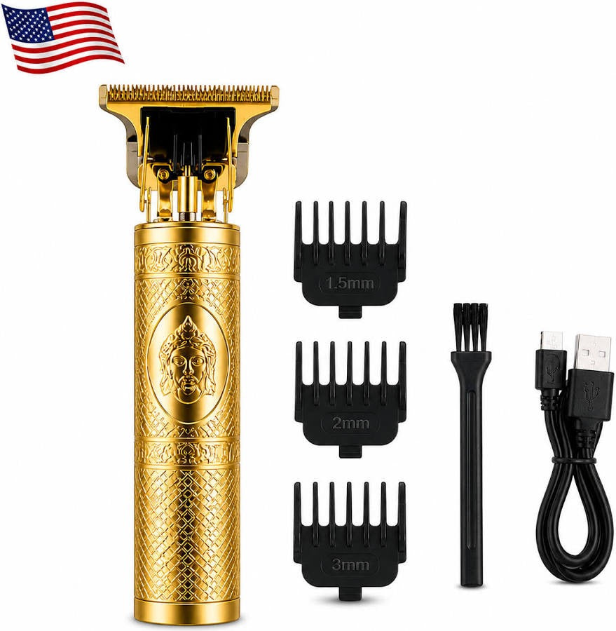 Vintage T9 Gold Professional Trimmer with 3 guide combs (1.5mm, 2mm, 3mm), cleaning brush, and USB cable