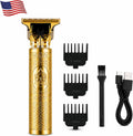 Vintage T9 Gold Professional Trimmer with 3 guide combs (1.5mm, 2mm, 3mm), cleaning brush, and USB cable