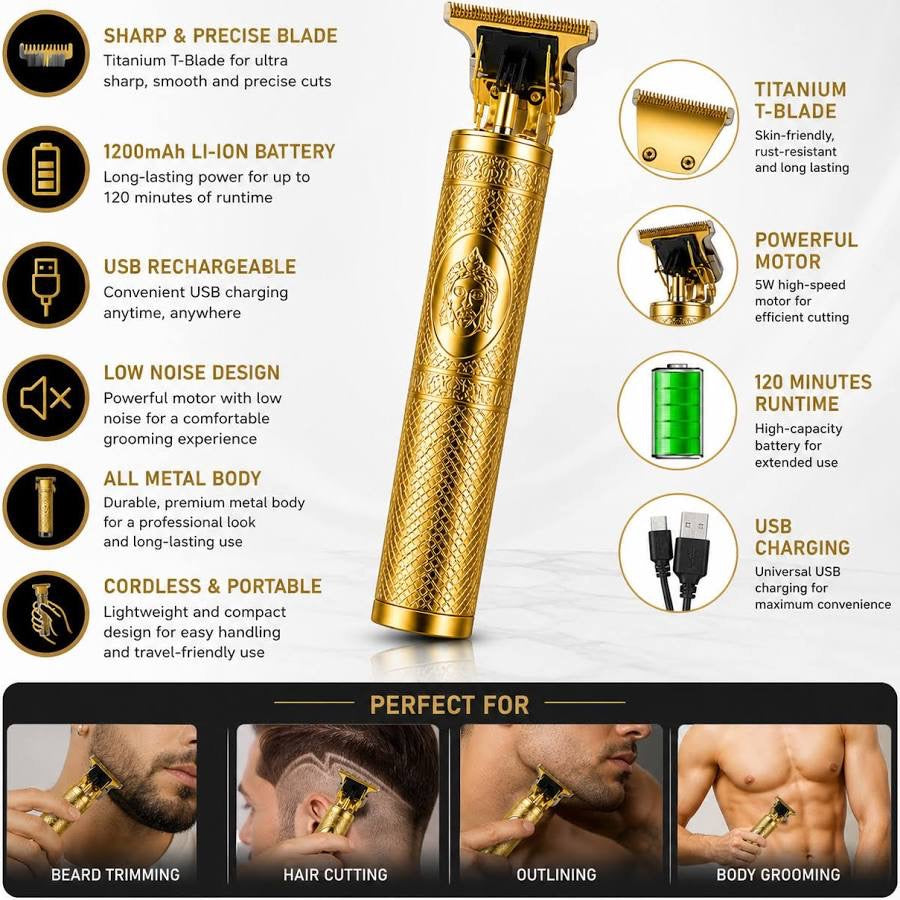 T9 Gold Trimmer feature infographic: titanium T-blade, 1200mAh battery, USB rechargeable, low noise, all metal body, cordless