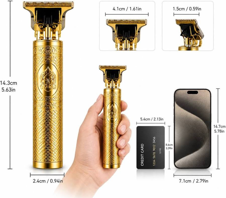 T9 Gold Trimmer size comparison: 14.3cm tall, 2.4cm wide, shown next to credit card and iPhone
