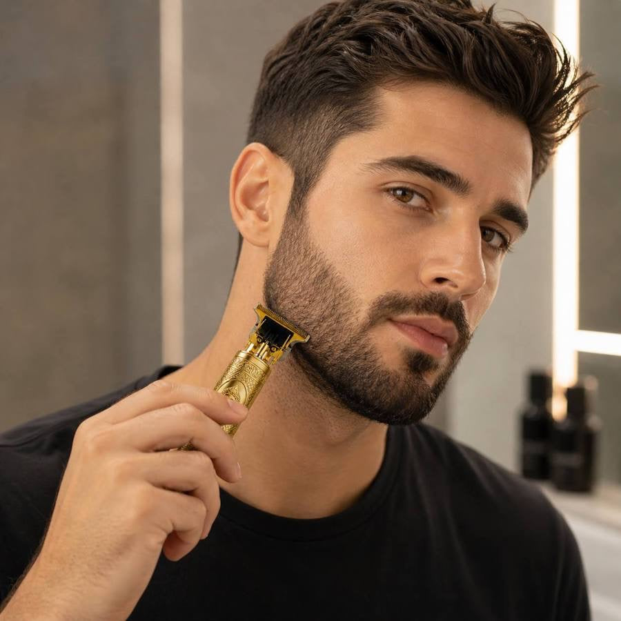 Man trimming beard with Vintage T9 Gold Trimmer in bathroom mirror