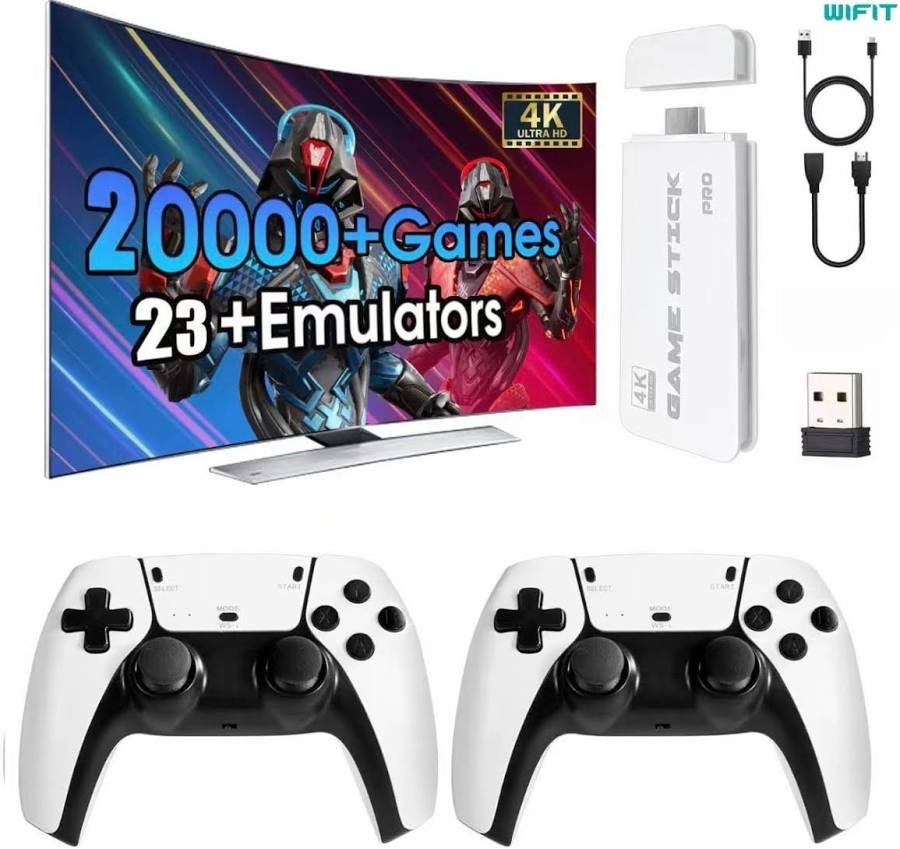 SUGAM M15 Plus 4K Game Stick Pro plugged into TV showing HD 4K output with 2 wireless controllers