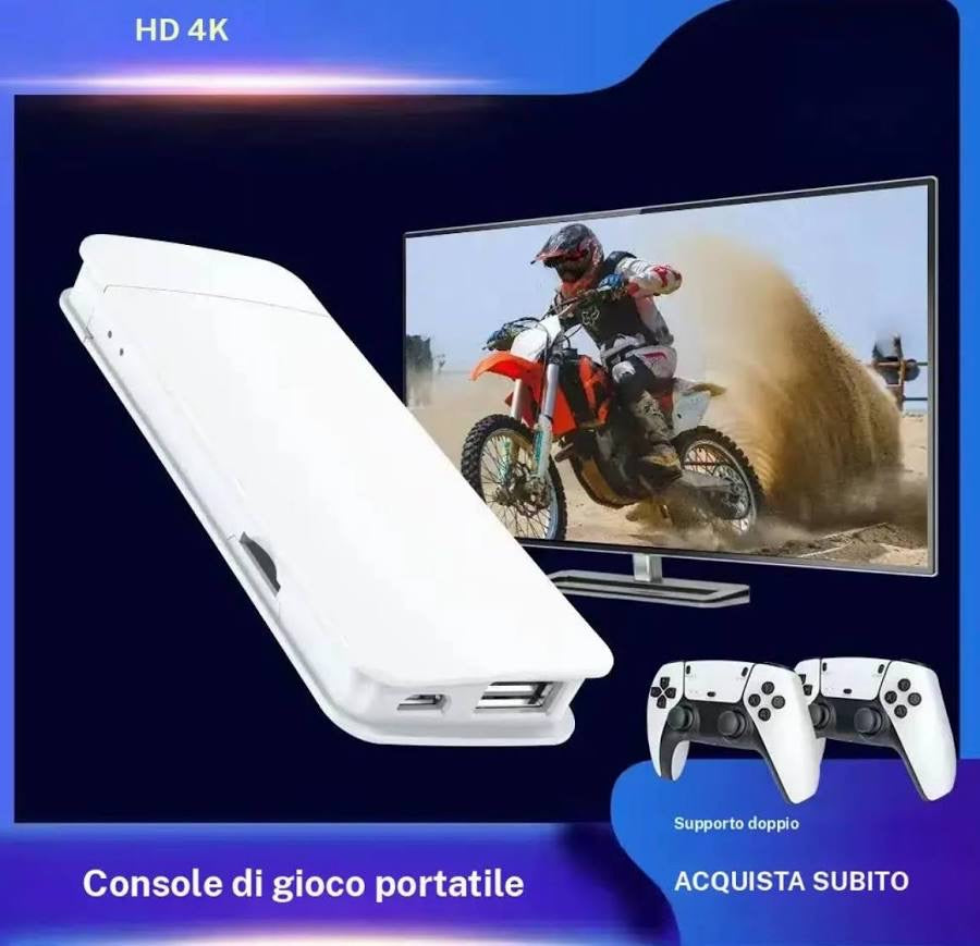 SUGAM M15 Plus Game Stick front, back, and side views with 2 wireless controllers - HD 4K and 3D support