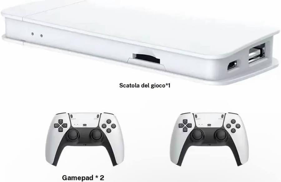 SUGAM M15 Plus console and 2 wireless gamepads laid out on white background