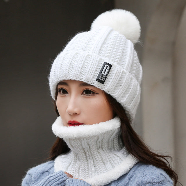 Women's Thick Knitted Winter Cap and Scarf Set