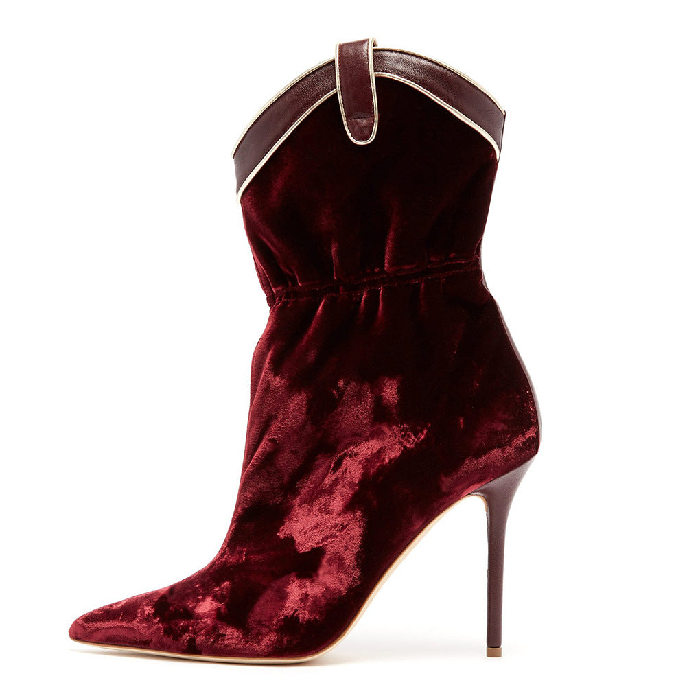 Wine Red Velvet Pointed Toe High Heel Boots