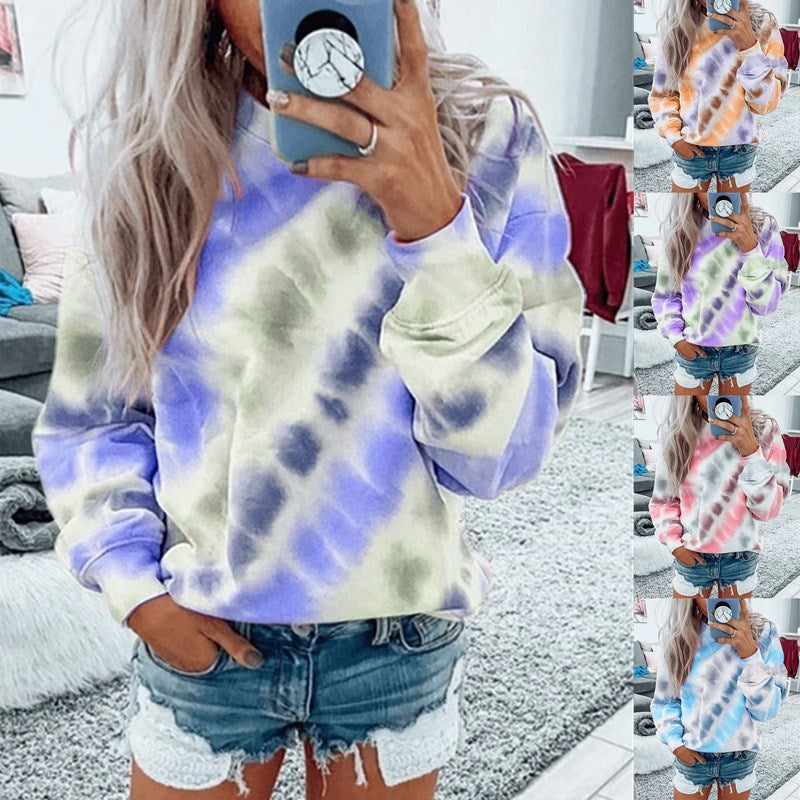 Tie-Dye Printing Long-Sleeved Top with Loose Round Neck