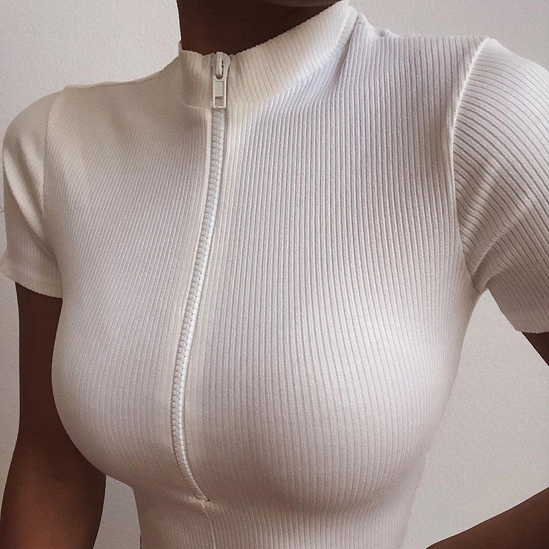 Women's Slim High Collar Zipper Short Sleeve T-Shirt