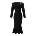 Square-neck Cinched Fishtail Long Sleeve Dress