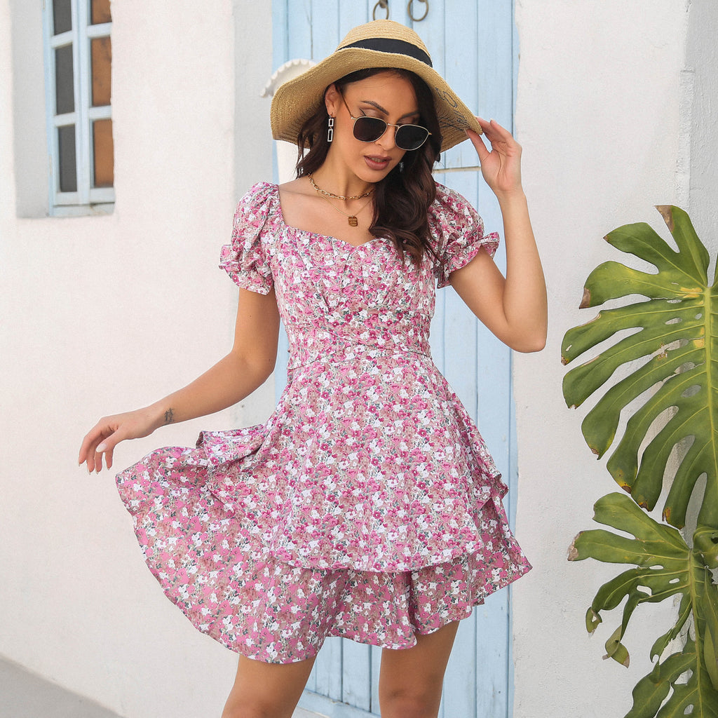 Floral Dress with Puff Sleeves for Women