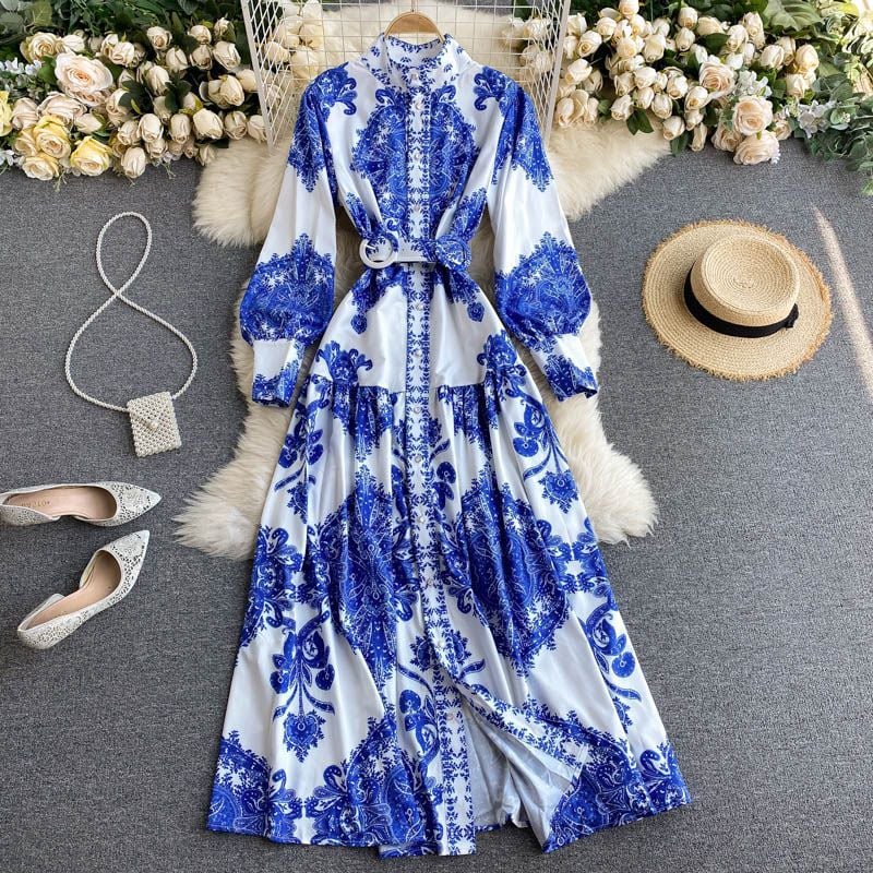 Vintage Blue and White Porcelain Print Long Dress