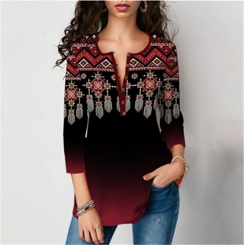 Seven-Point Sleeve Printed Blouses