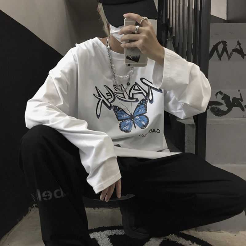 Korean Style Women's Long Sleeve Butterfly Print T-shirt