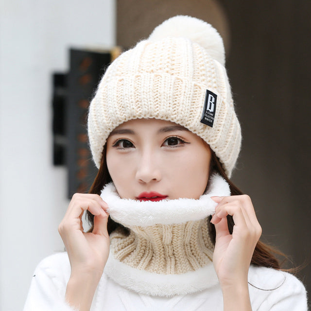 Women's Thick Knitted Winter Cap and Scarf Set