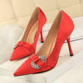 High-heeled satin pumps with Rhinestone Buckle