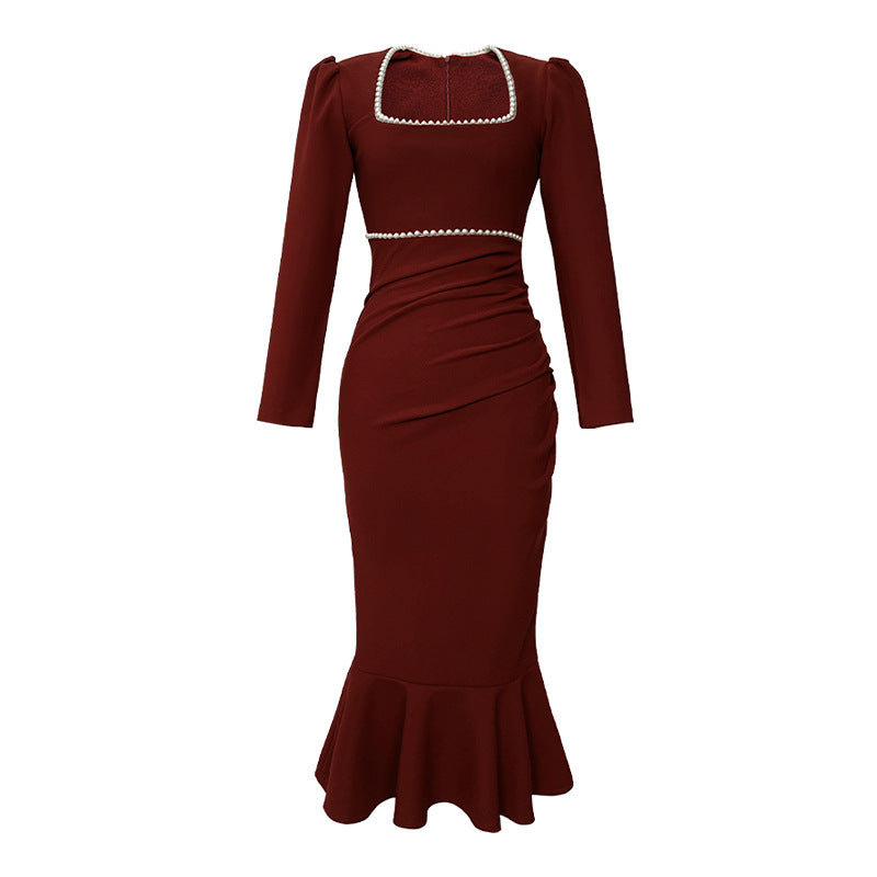 Square-neck Cinched Fishtail Long Sleeve Dress